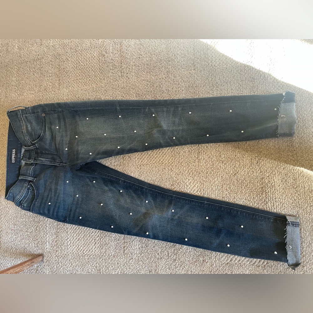 Express Women's Dark Blue Skinny Jeans with Embellishments